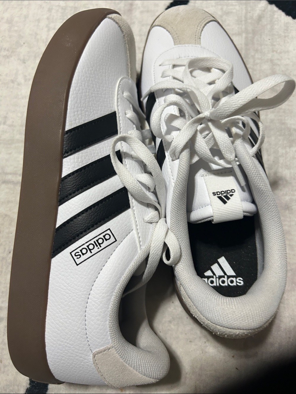 adidas Men's White Sneakers with Black Stripes and Brown Platform Sole